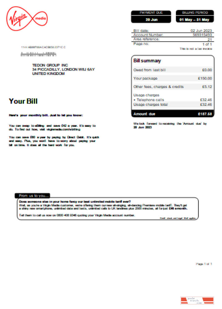Virgin Media utility business bill SCR PSD template